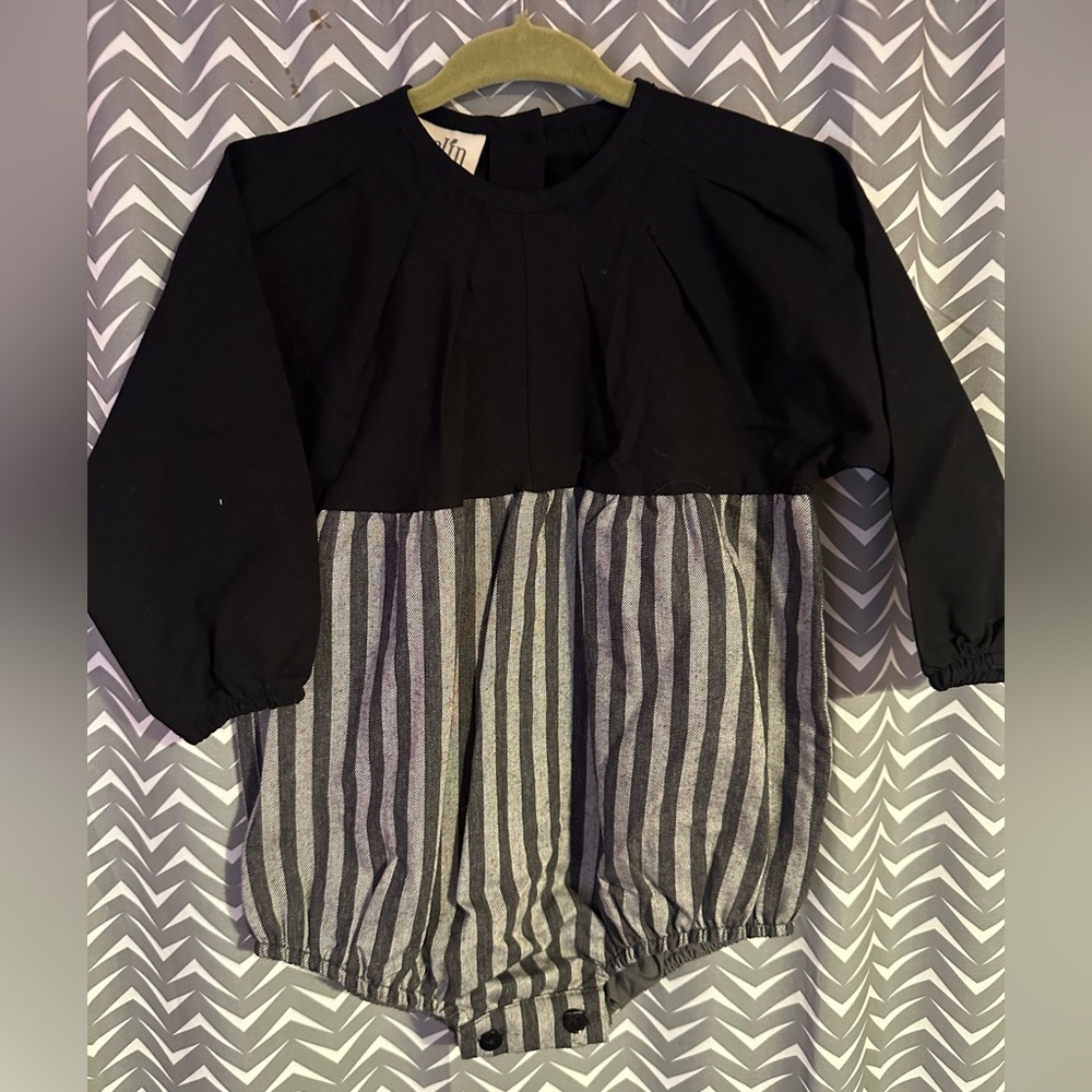 Popelin | Black Romper With Pleat On Neckline, 12-18m
